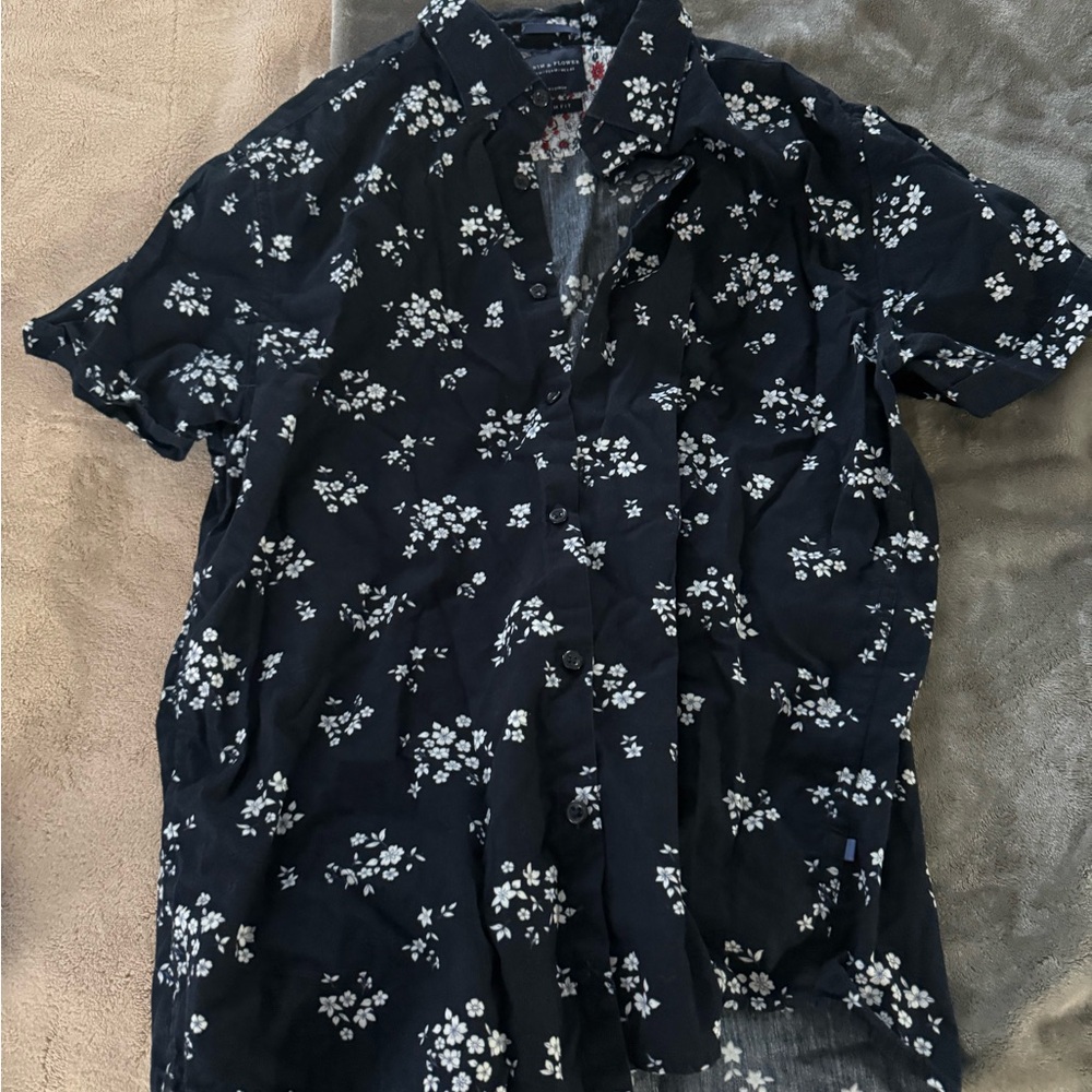 Men's Short-Sleeve Floral Button-Up Shirt - Black/White